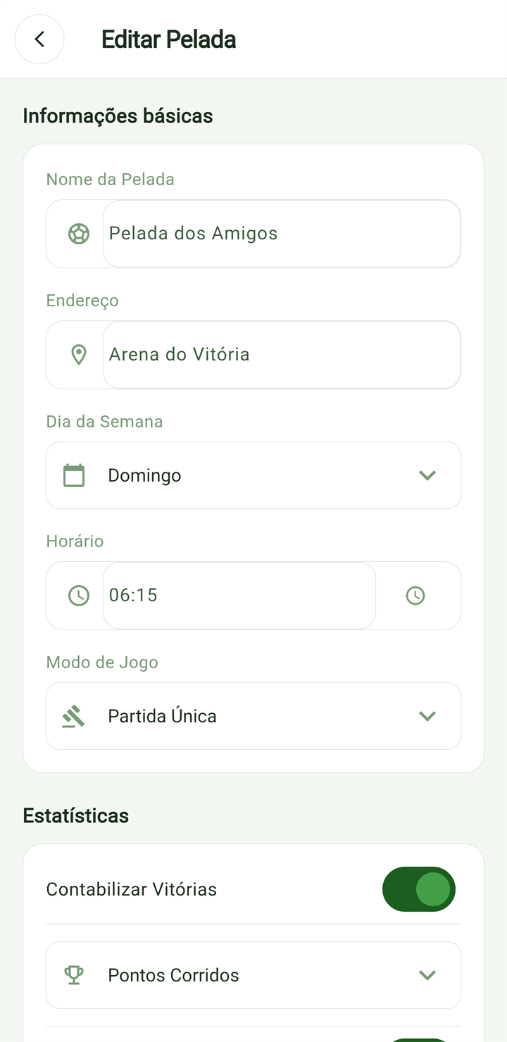 Configuração da pelada